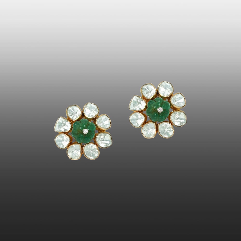 Polki Stud Earrings with Carved Emeralds